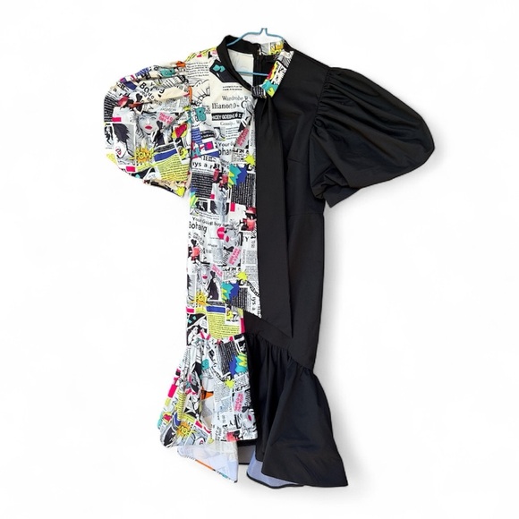 Comic Print Colorblock Puff Sleeve Dress XL - Picture 3 of 10